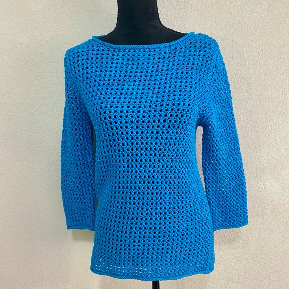 Lauren Ralph Lauren Blue Hand Knit Mercerized Cotton Sweater Open Mesh Small